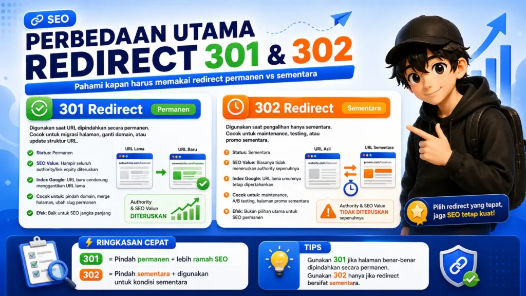 Perbedaan Utama Redirect 301 dan 302